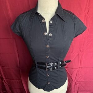 Lip Service black short sleeve collared belted button up faux patent leather